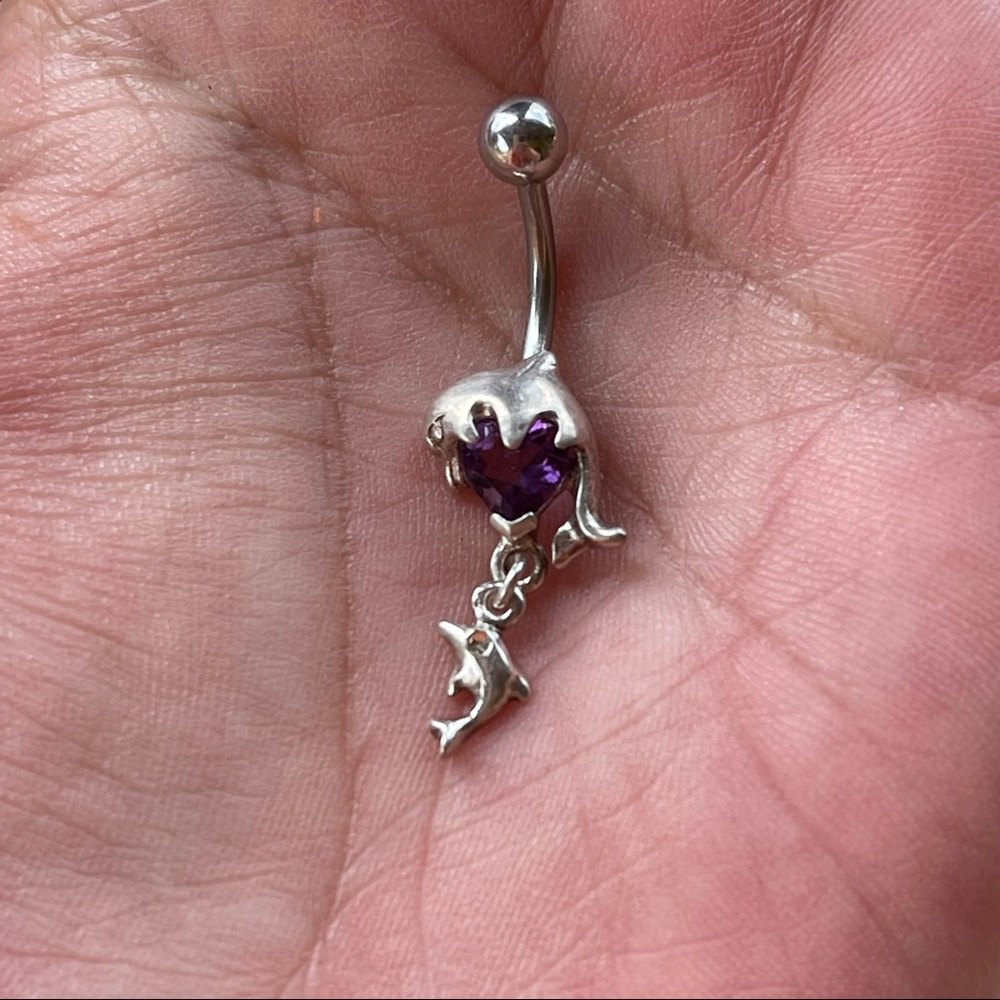 925 Sterling silver dolphin dangle bellybutton ring w/ purple crystal heart💜